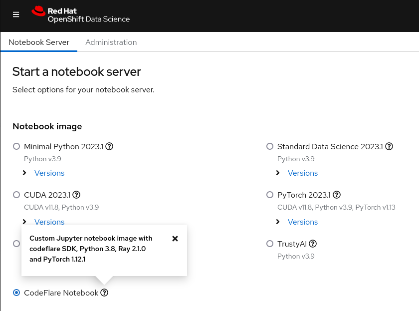 Figure 3. CodeFlare notebook image shown in the OpenShift Data Science Dashboard.